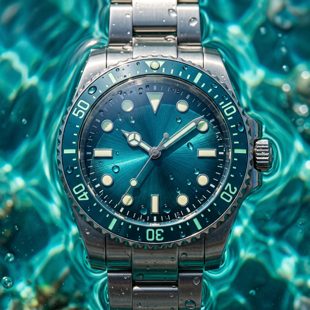 Une montre de plongée en acier au cadran bleu-vert dans une eau claire