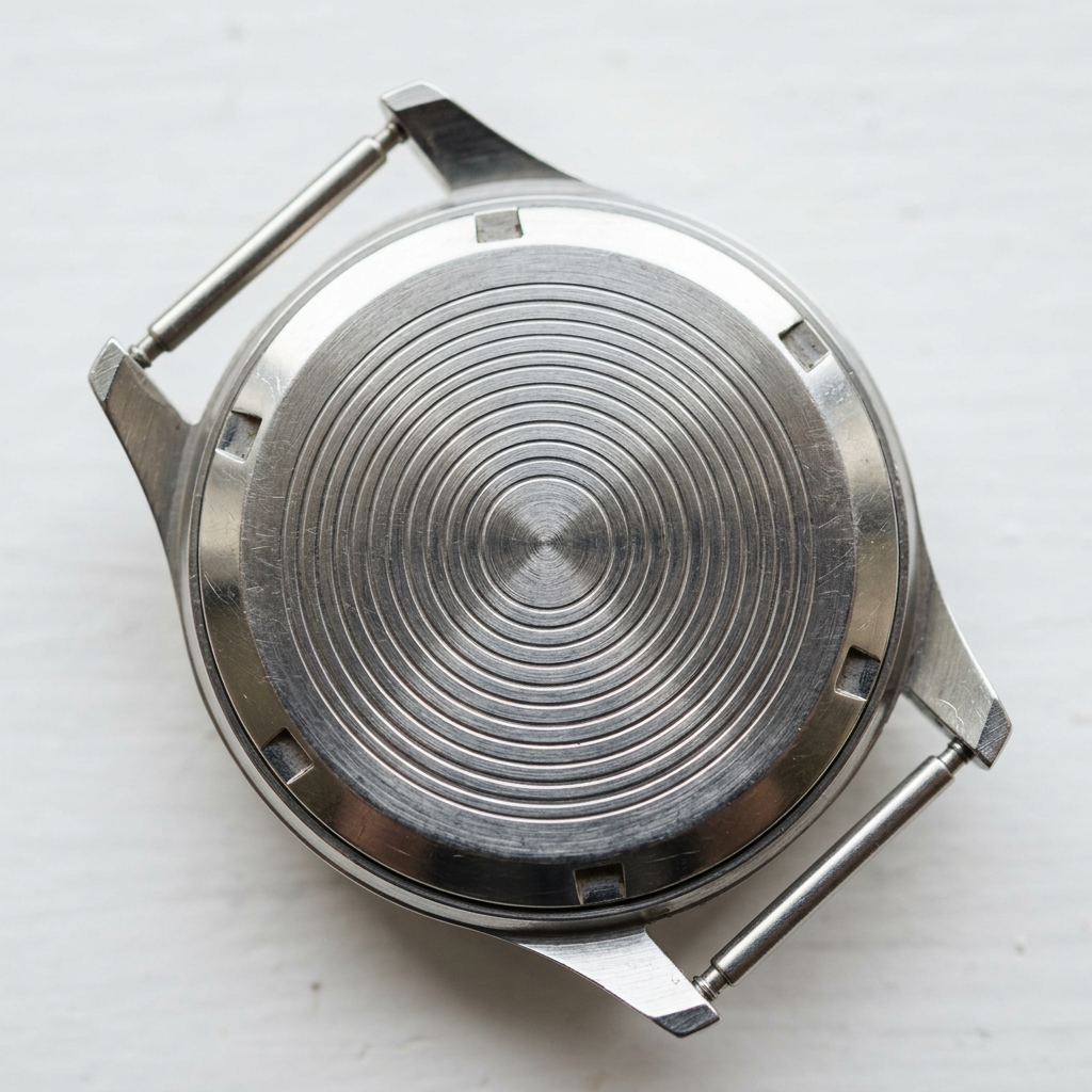 Gros plan du fond d’une montre en acier, avec des cercles gravés