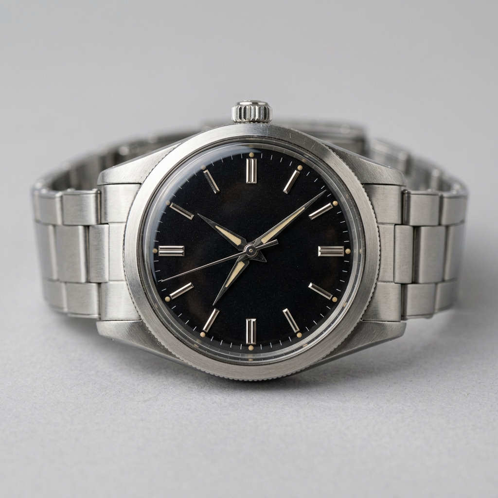 Montre automatique en acier au cadran noir sur un fond gris